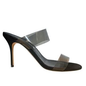 Manolo Blahnik Scolto 90 Clear PVC Strap Mule Heels Black Slide Sandals 38.5 EU